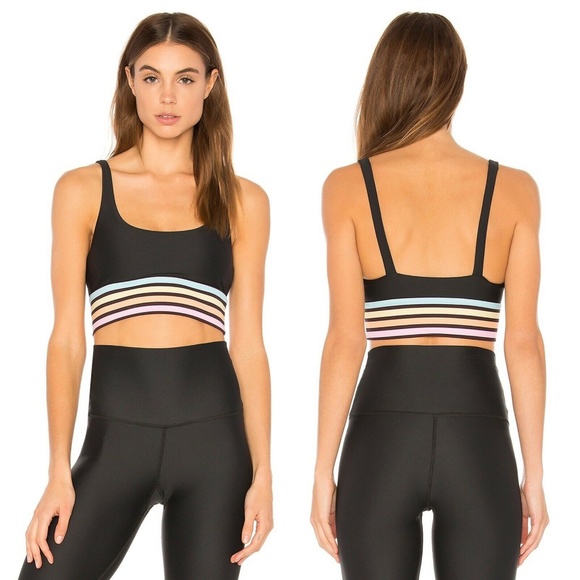 BEACH RIOT SPORT Leah Rainbow Stripe Sports Bra Crop Top in Black - Picture 3 of 11
